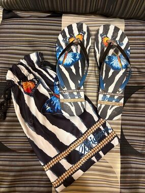 Brighton Flip Flops Black White Zebra Colorful Butterflies Silver Gem